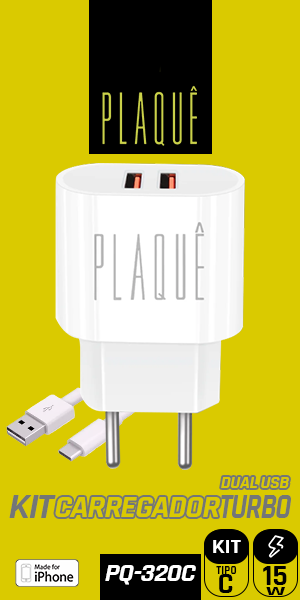 Carregador Turbo Plaquê PQ320C – Kit com Cabo Tipo C, Dual USB, 15W